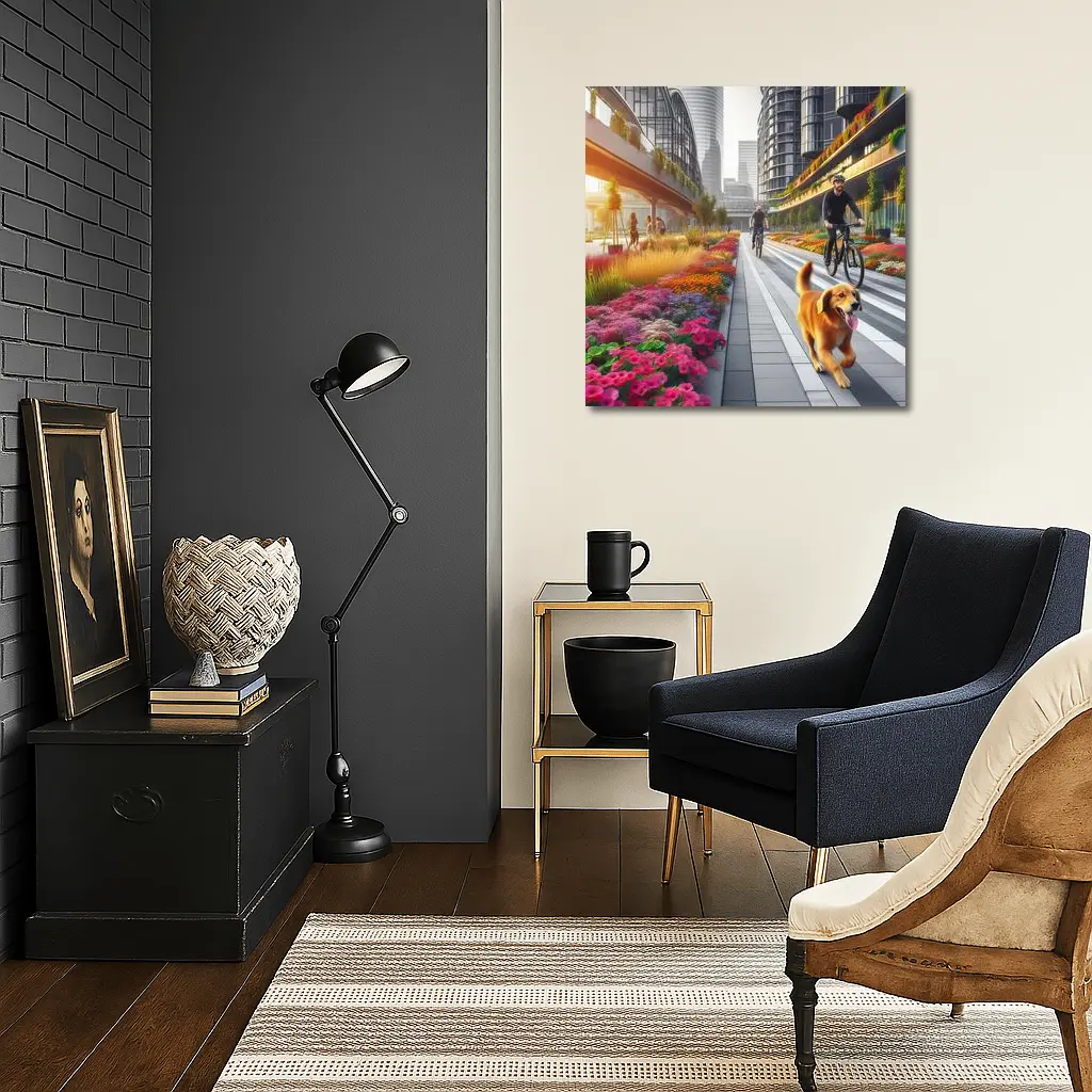 Golden Retriever Running Urban Floral City Street – Wall Art