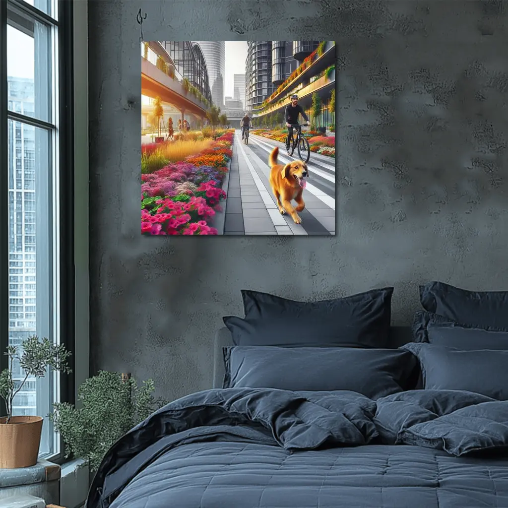 Golden Retriever Running Urban Floral City Street – Wall Art