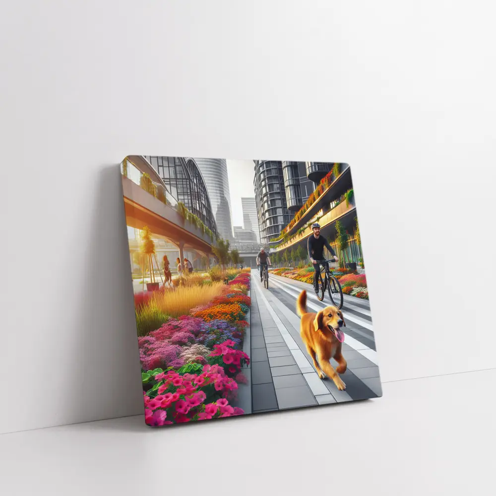 Golden Retriever Running Urban Floral City Street – Wall Art