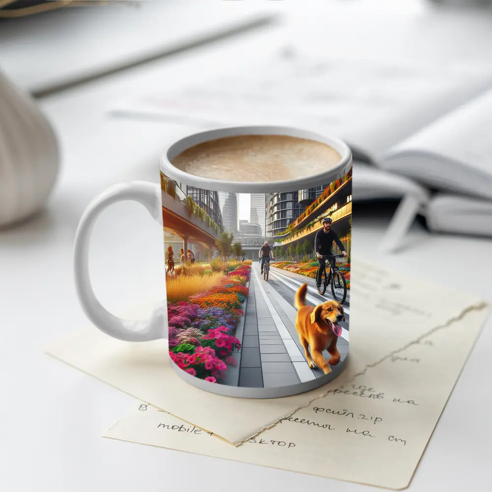 Golden Retriever Running Urban Floral City Street – Mugs
