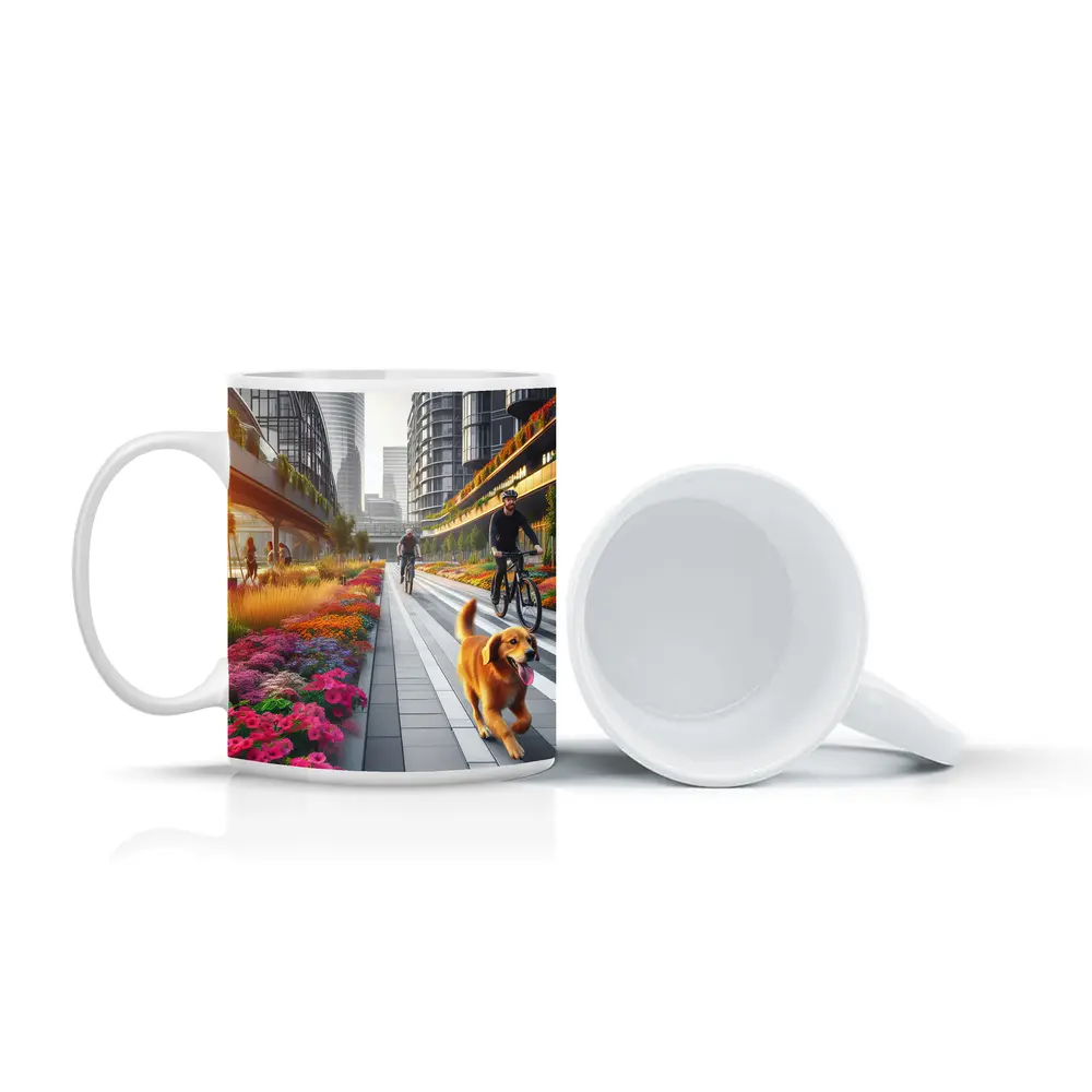 Golden Retriever Running Urban Floral City Street – Mugs