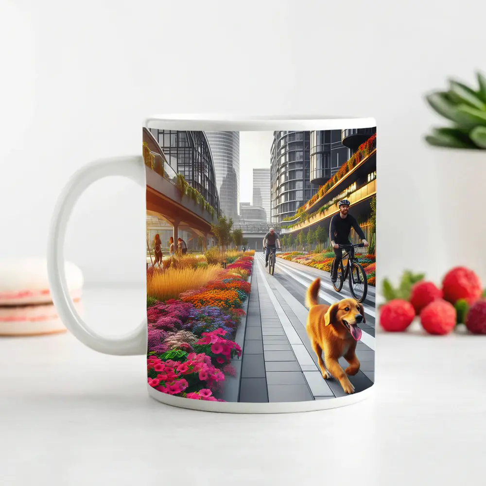 Golden Retriever Running Urban Floral City Street – Mugs