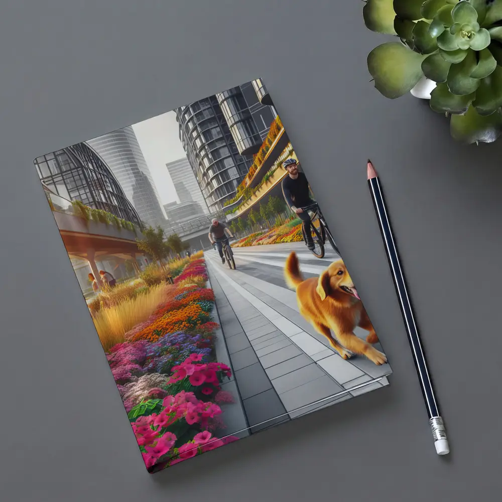 Golden Retriever Running Urban Floral City Street – Notebooks
