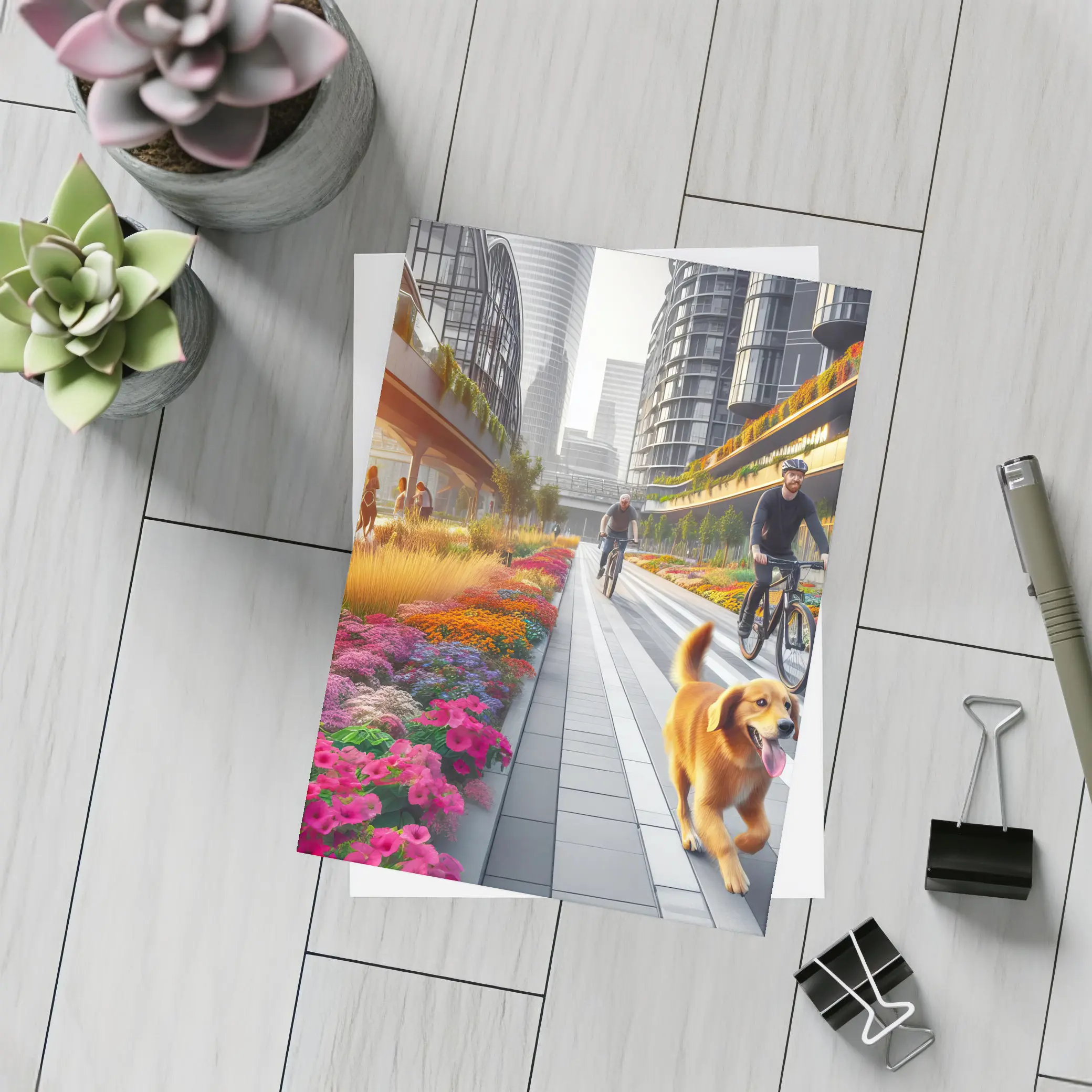 Golden Retriever Running Urban Floral City Street – Postcards