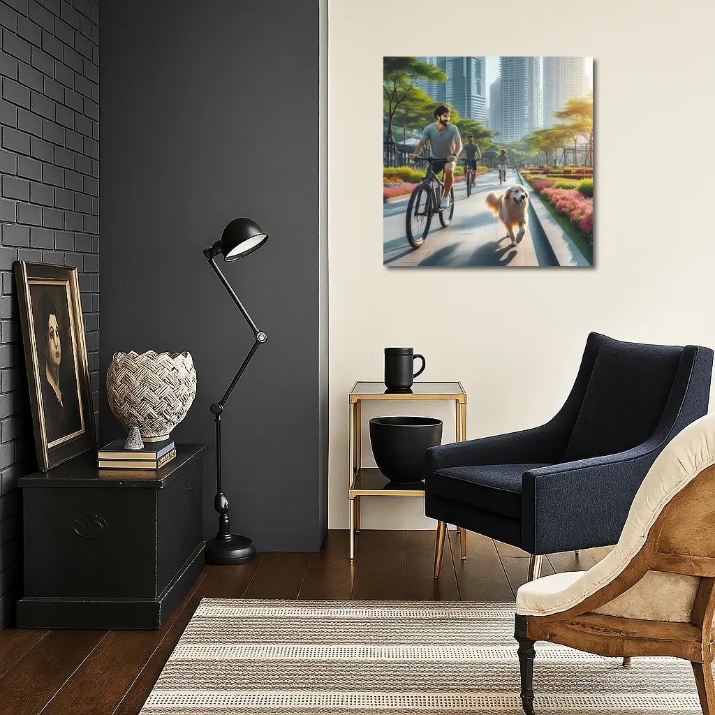Men Cycling With Golden Retriever City Park – Wall Art