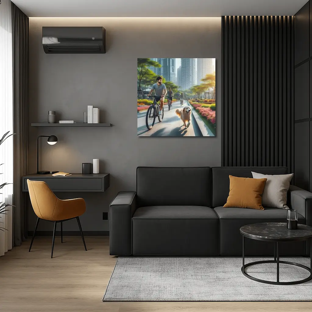 Men Cycling With Golden Retriever City Park – Wall Art
