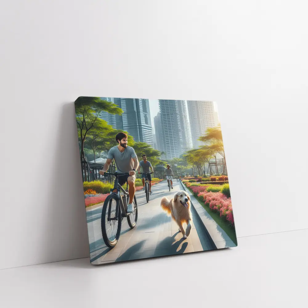Men Cycling With Golden Retriever City Park – Wall Art