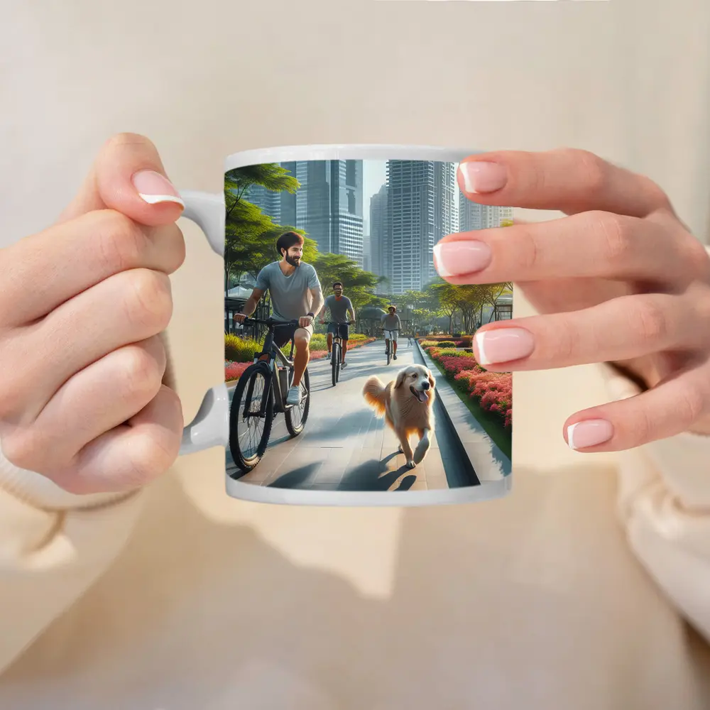 Men Cycling With Golden Retriever City Park – Mugs