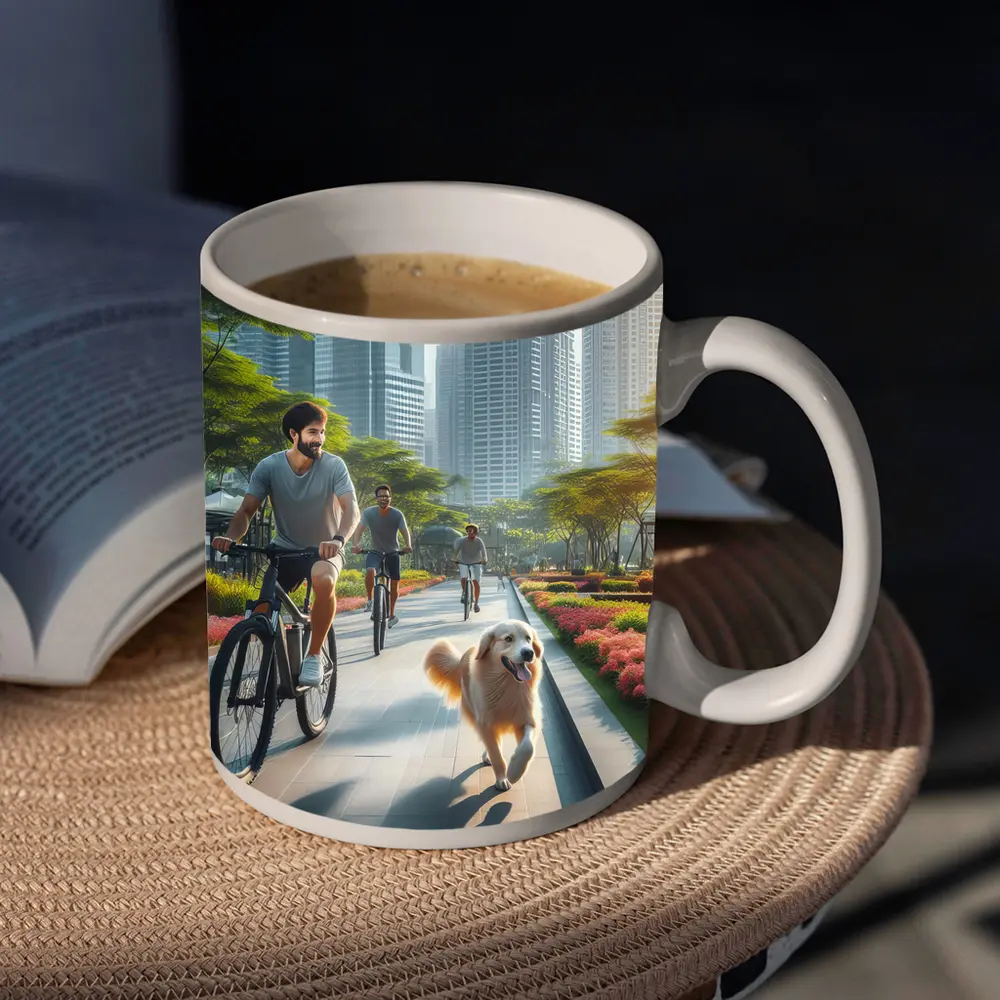 Men Cycling With Golden Retriever City Park – Mugs