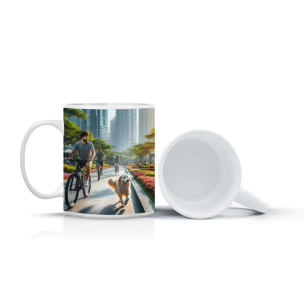 Men Cycling With Golden Retriever City Park – Mugs