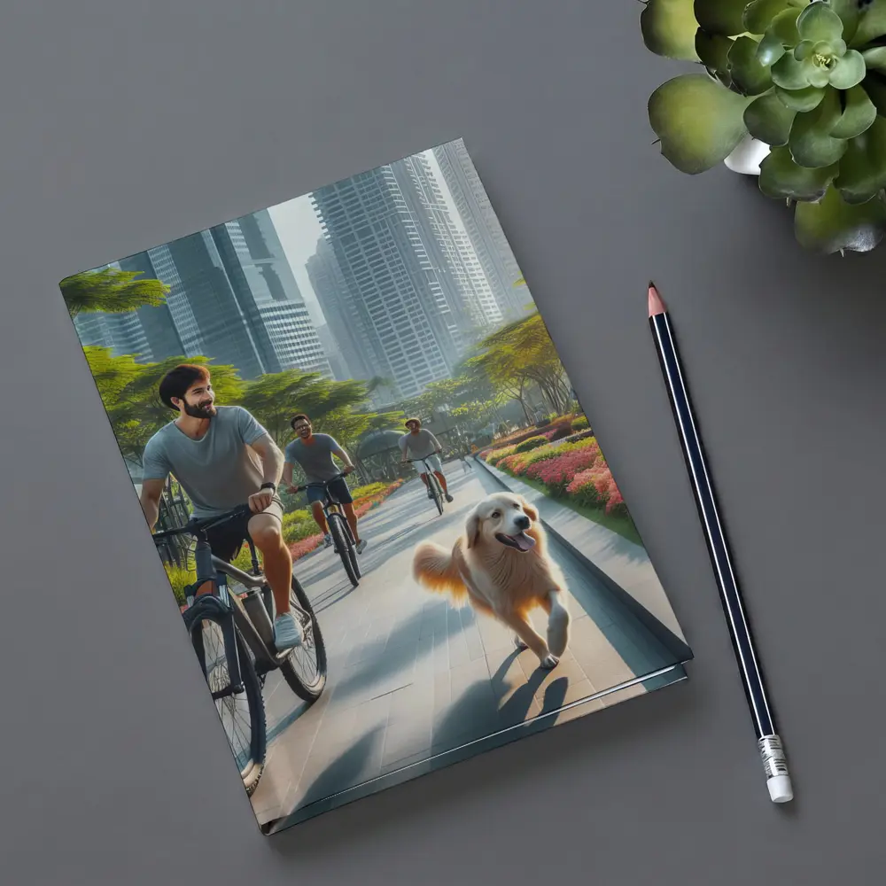 Men Cycling With Golden Retriever City Park – Notebooks