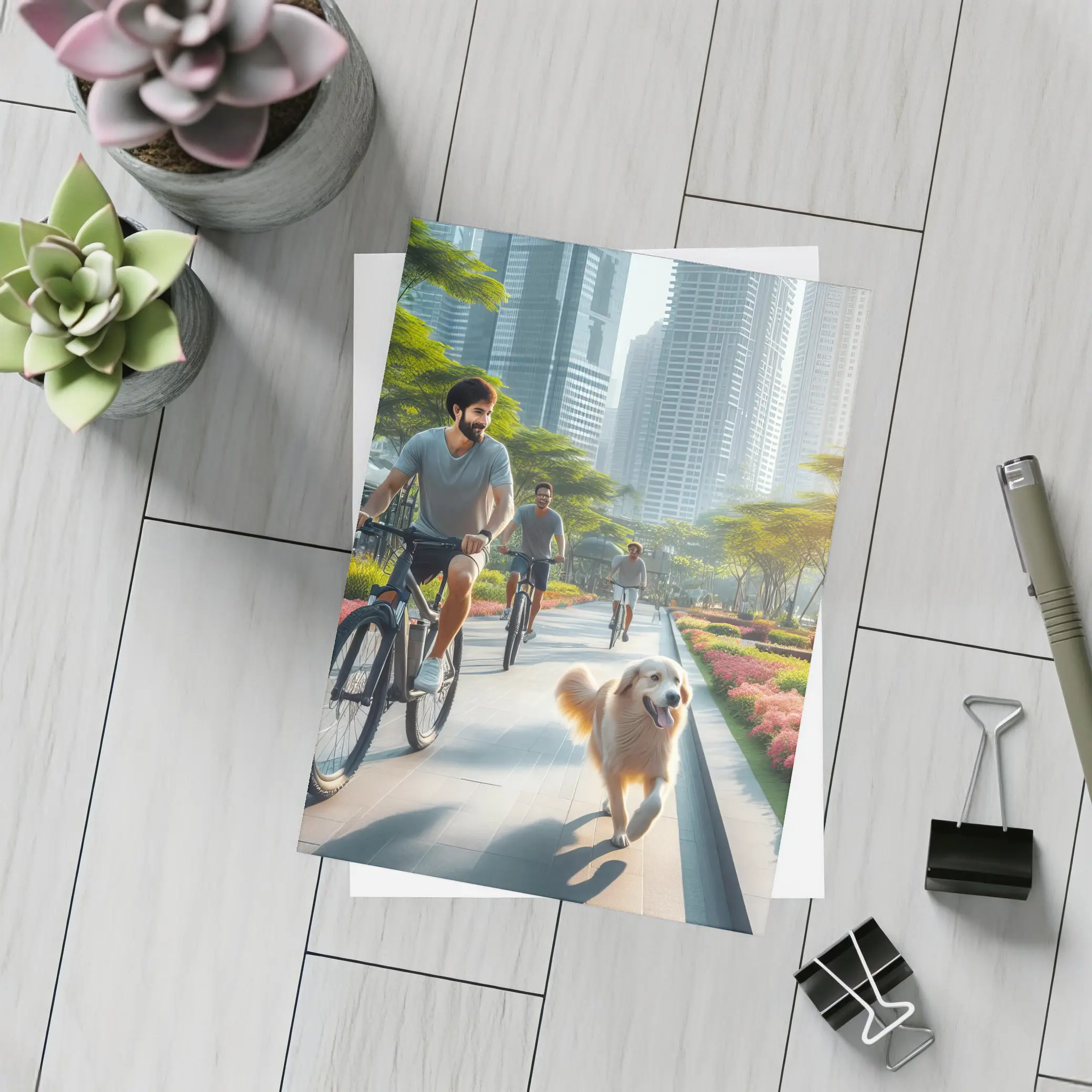 Men Cycling With Golden Retriever City Park – Postcards