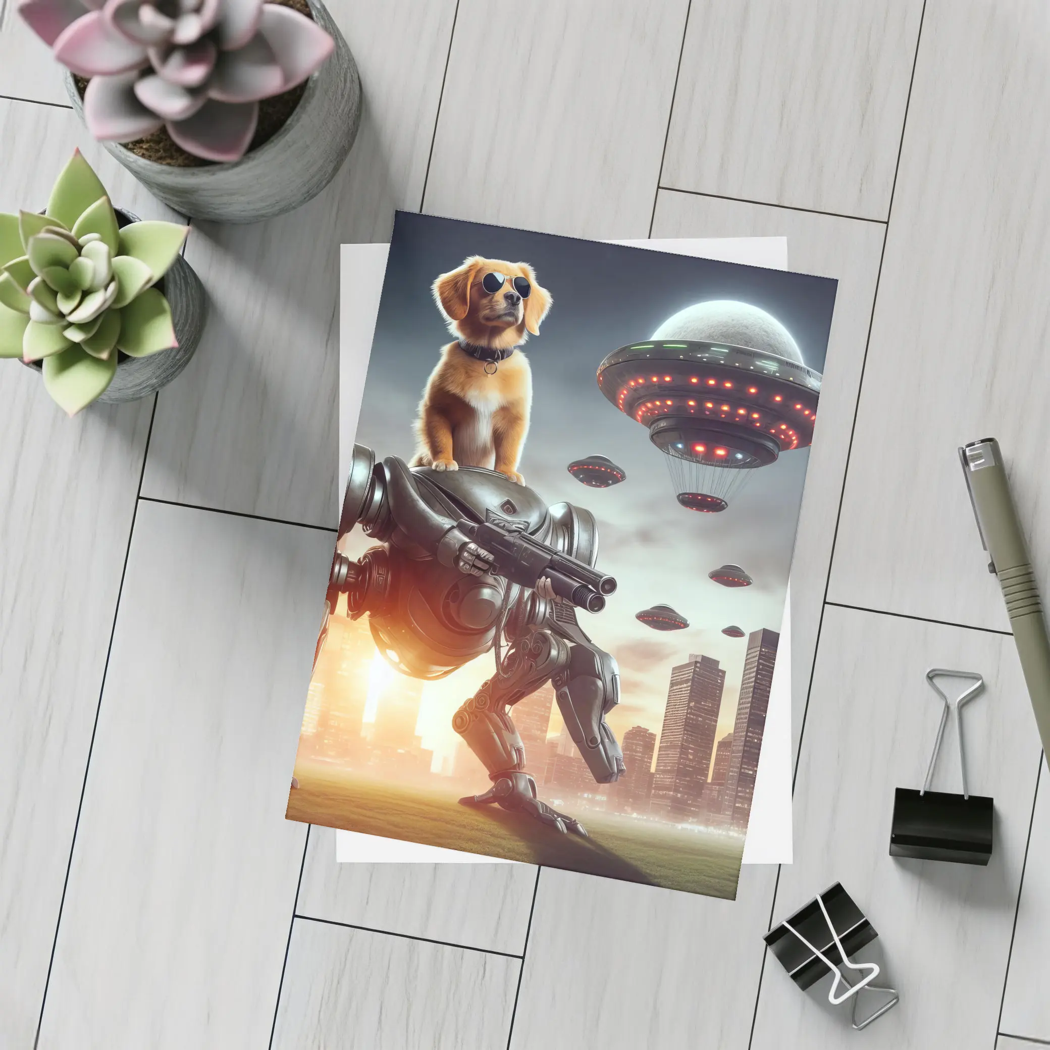 Cool Dog On Robot Mech Alien Invasion – Postcards
