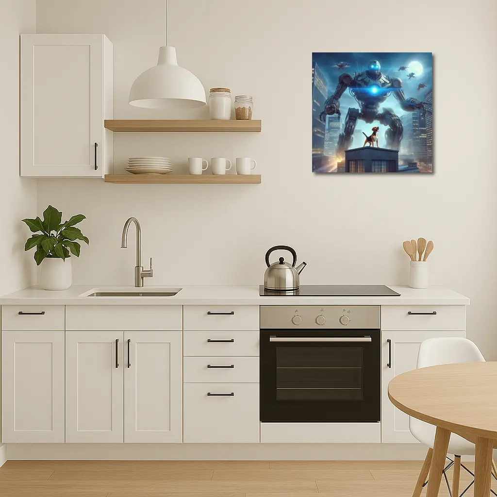 Giant Robot Dog City Night Skyline – Wall Art