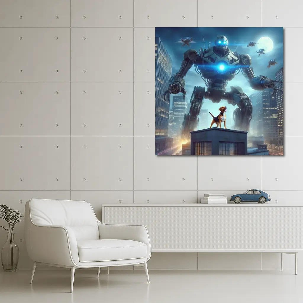 Giant Robot Dog City Night Skyline – Wall Art