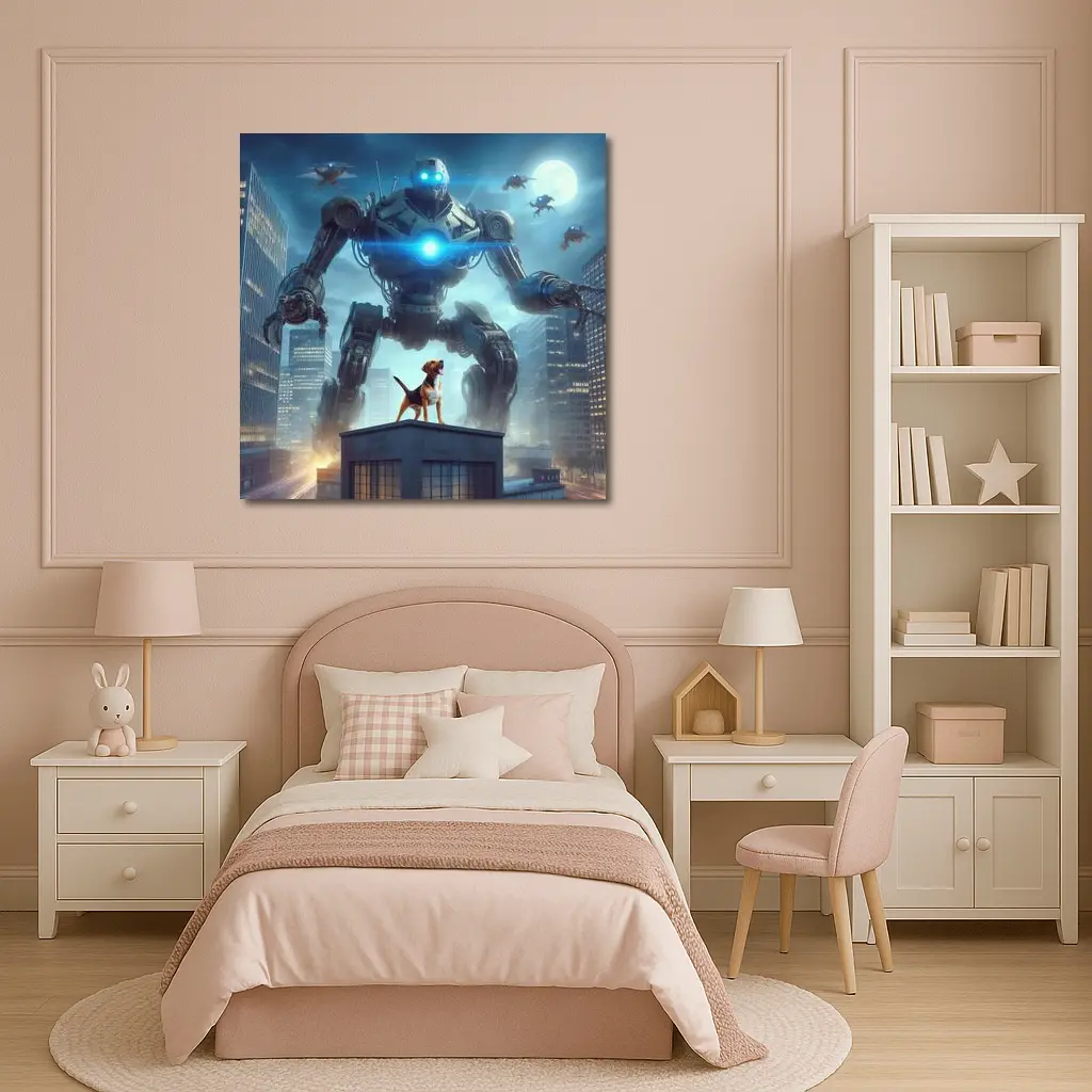Giant Robot Dog City Night Skyline – Wall Art