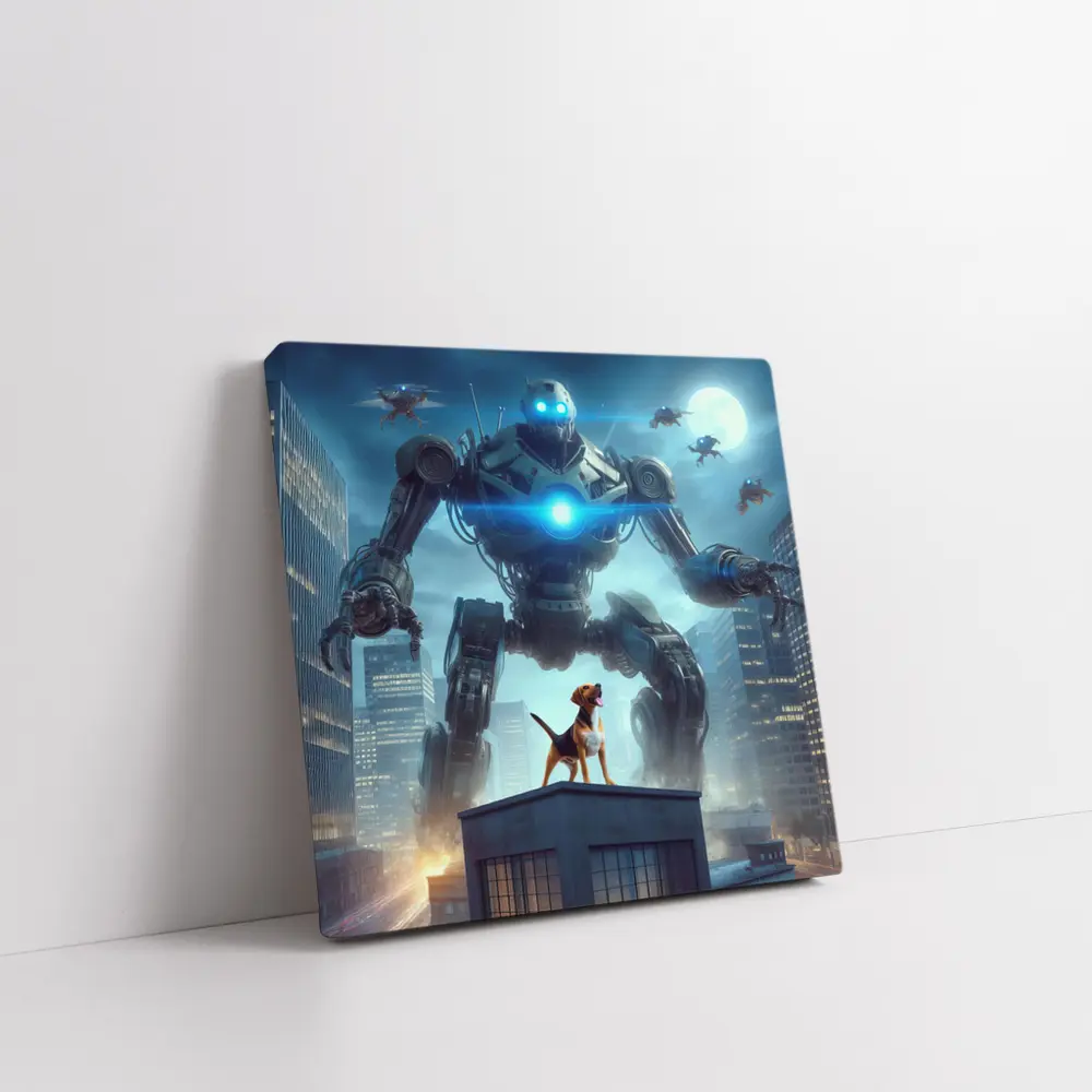 Giant Robot Dog City Night Skyline – Wall Art