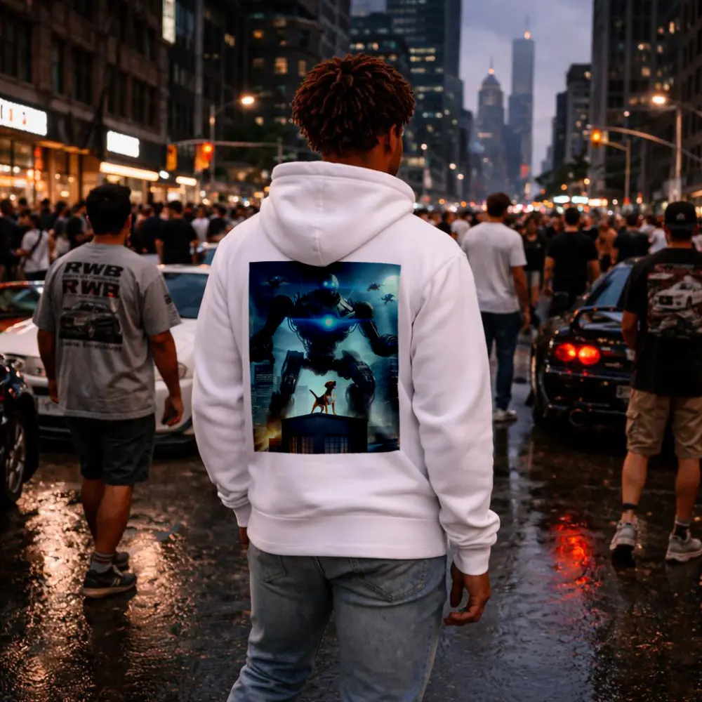 Giant Robot Dog City Night Skyline – Hoodies