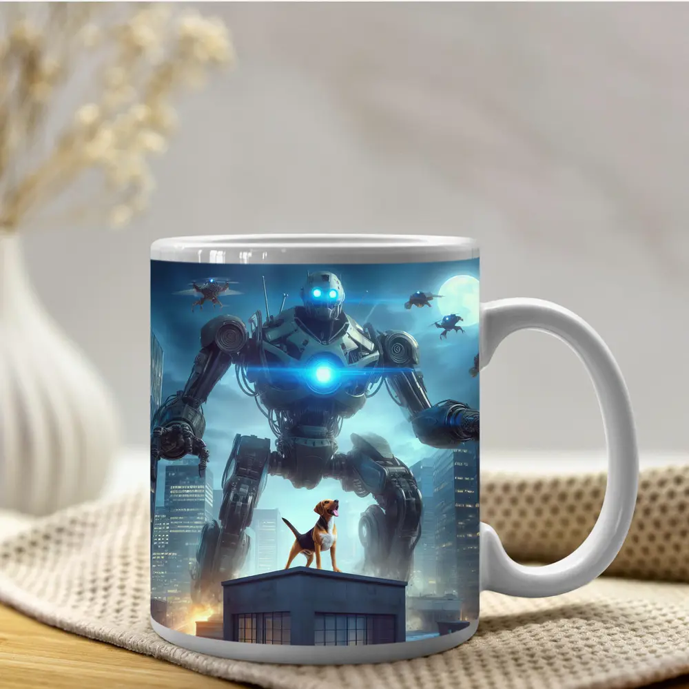 Giant Robot Dog City Night Skyline – Mugs