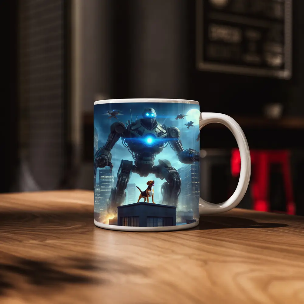 Giant Robot Dog City Night Skyline – Mugs