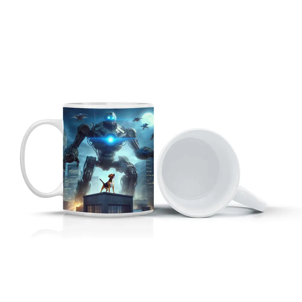 Giant Robot Dog City Night Skyline – Mugs