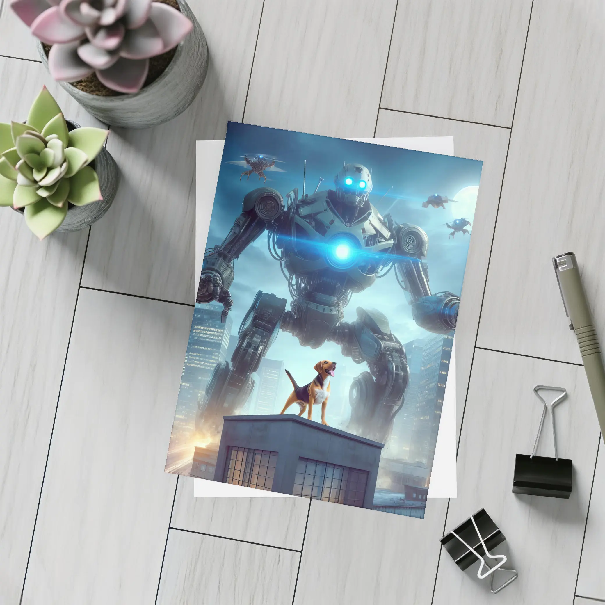 Giant Robot Dog City Night Skyline – Postcards