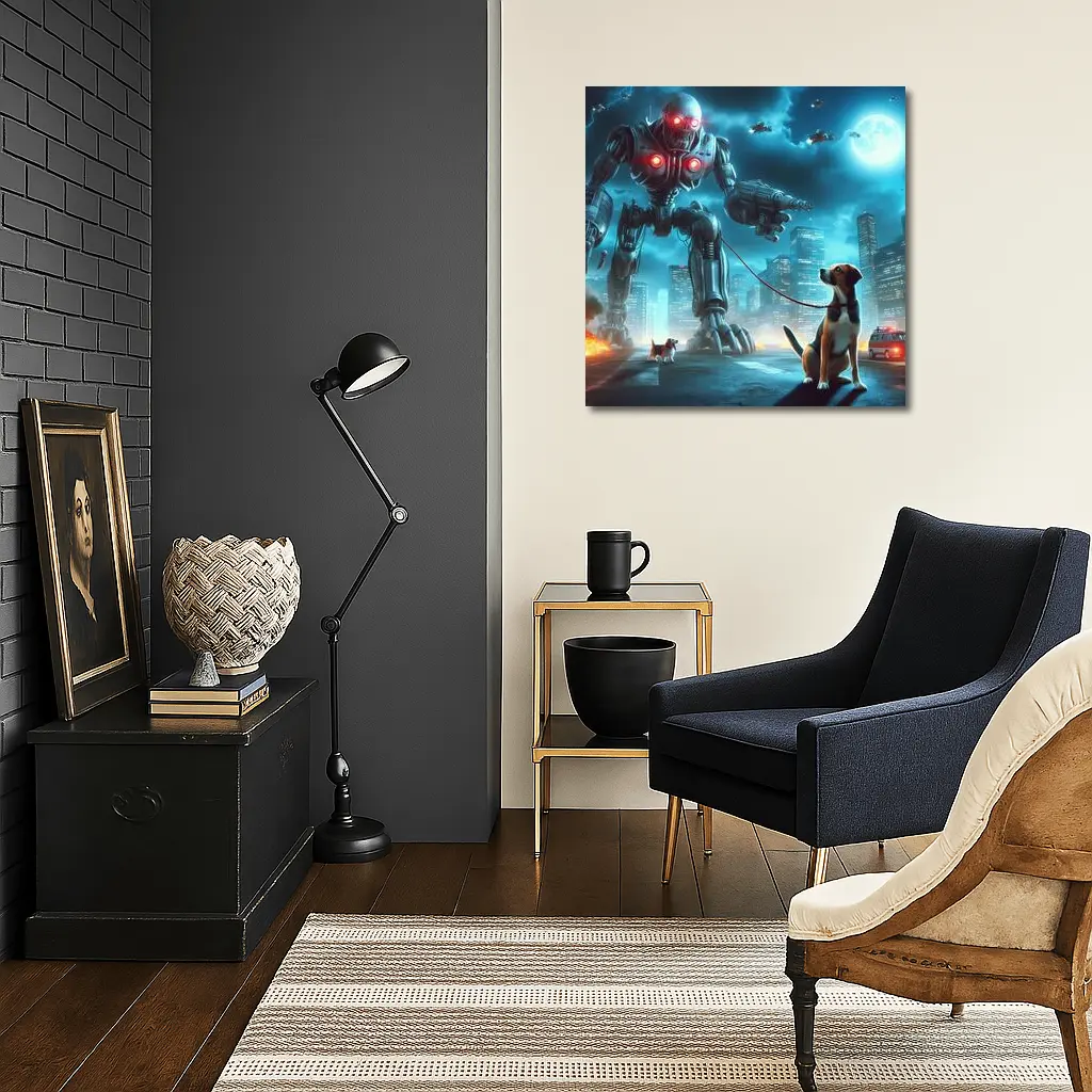 Giant Robot Walking Dog Futuristic City – Wall Art
