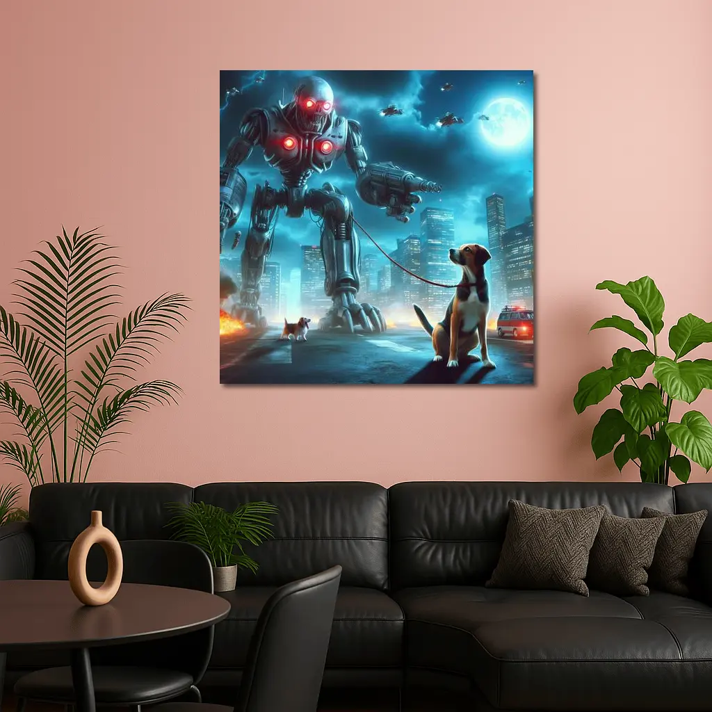 Giant Robot Walking Dog Futuristic City – Wall Art