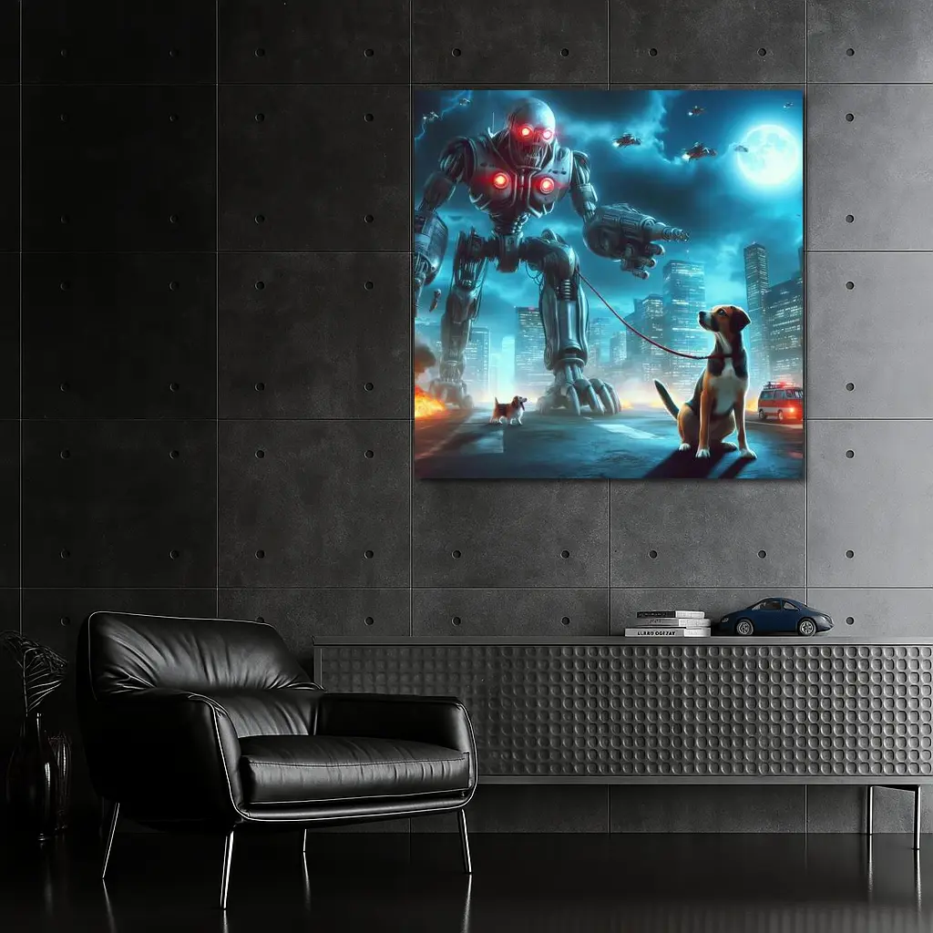Giant Robot Walking Dog Futuristic City – Wall Art