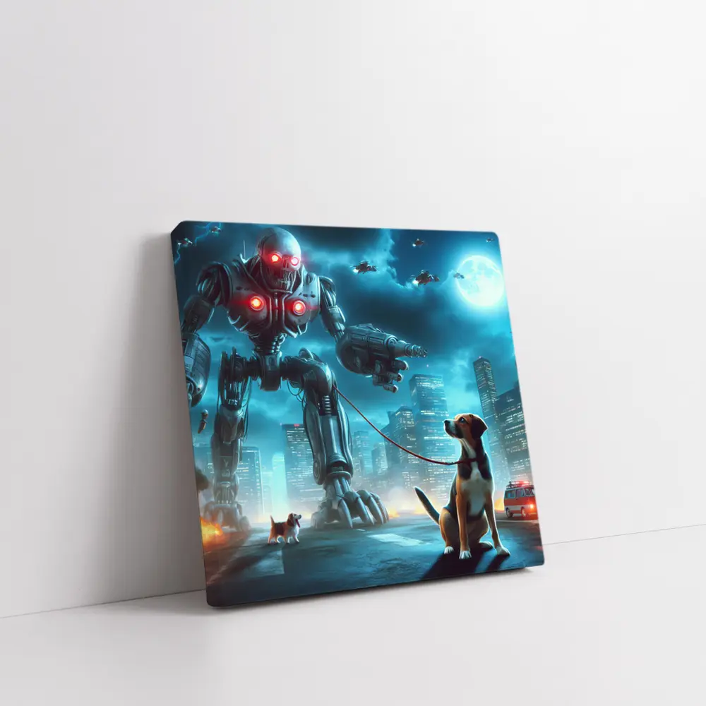 Giant Robot Walking Dog Futuristic City – Wall Art