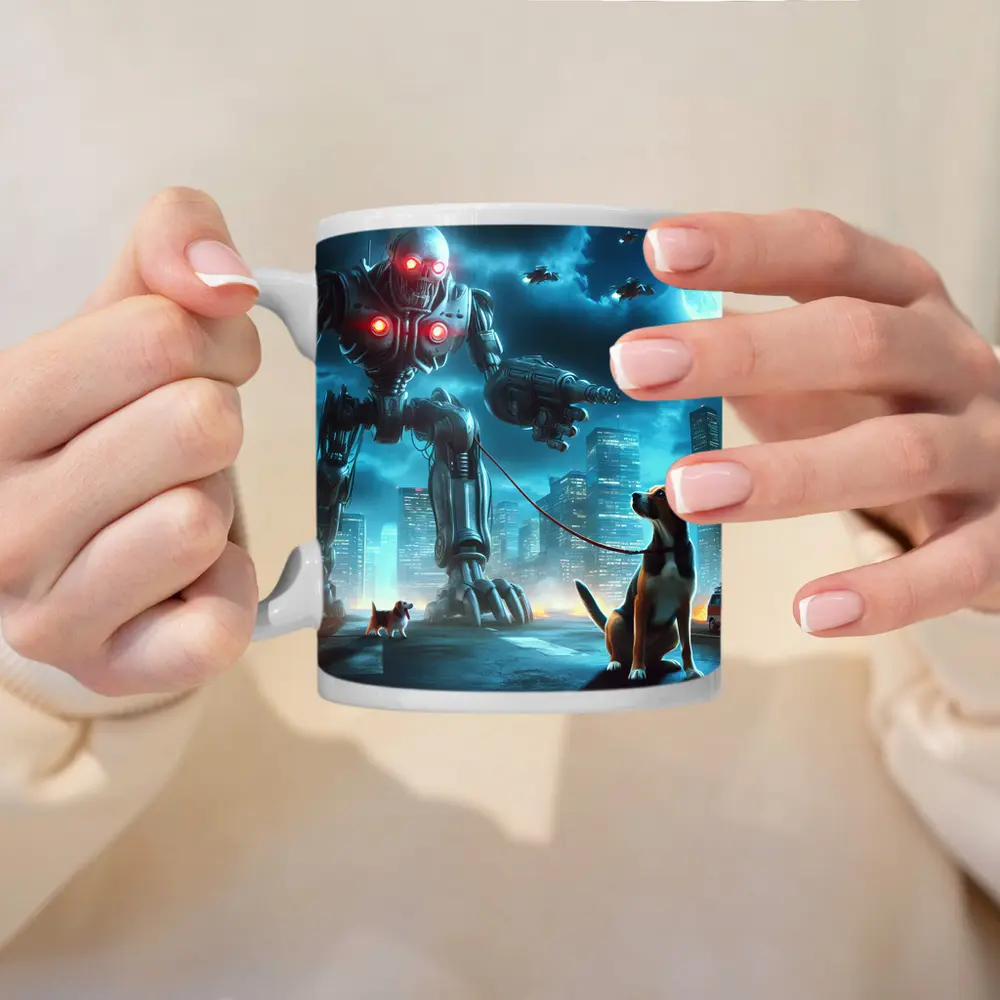 Giant Robot Walking Dog Futuristic City – Mugs