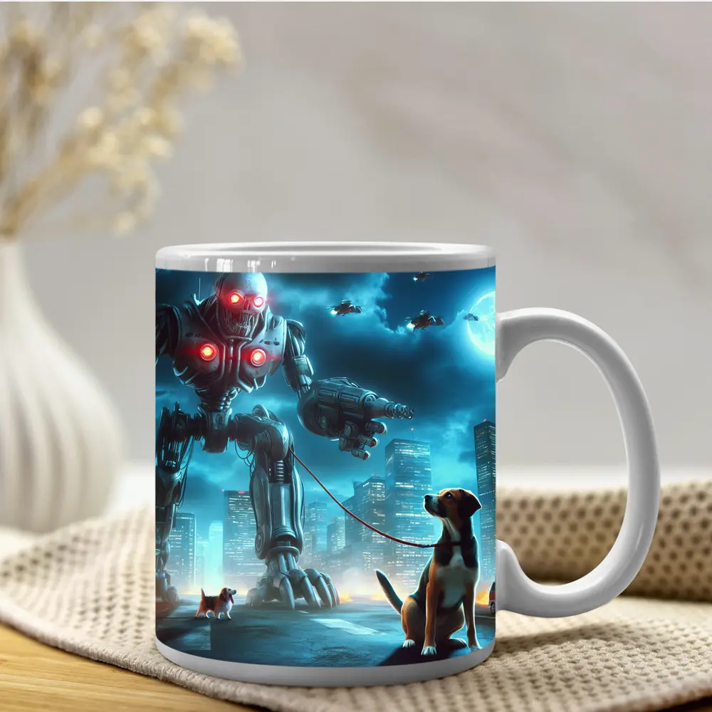 Giant Robot Walking Dog Futuristic City – Mugs