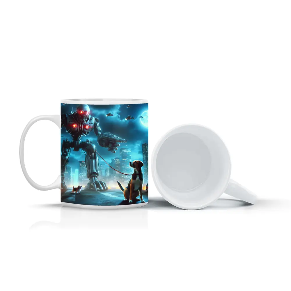 Giant Robot Walking Dog Futuristic City – Mugs