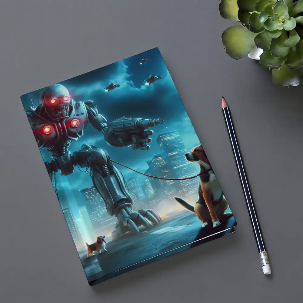 Giant Robot Walking Dog Futuristic City – Notebooks
