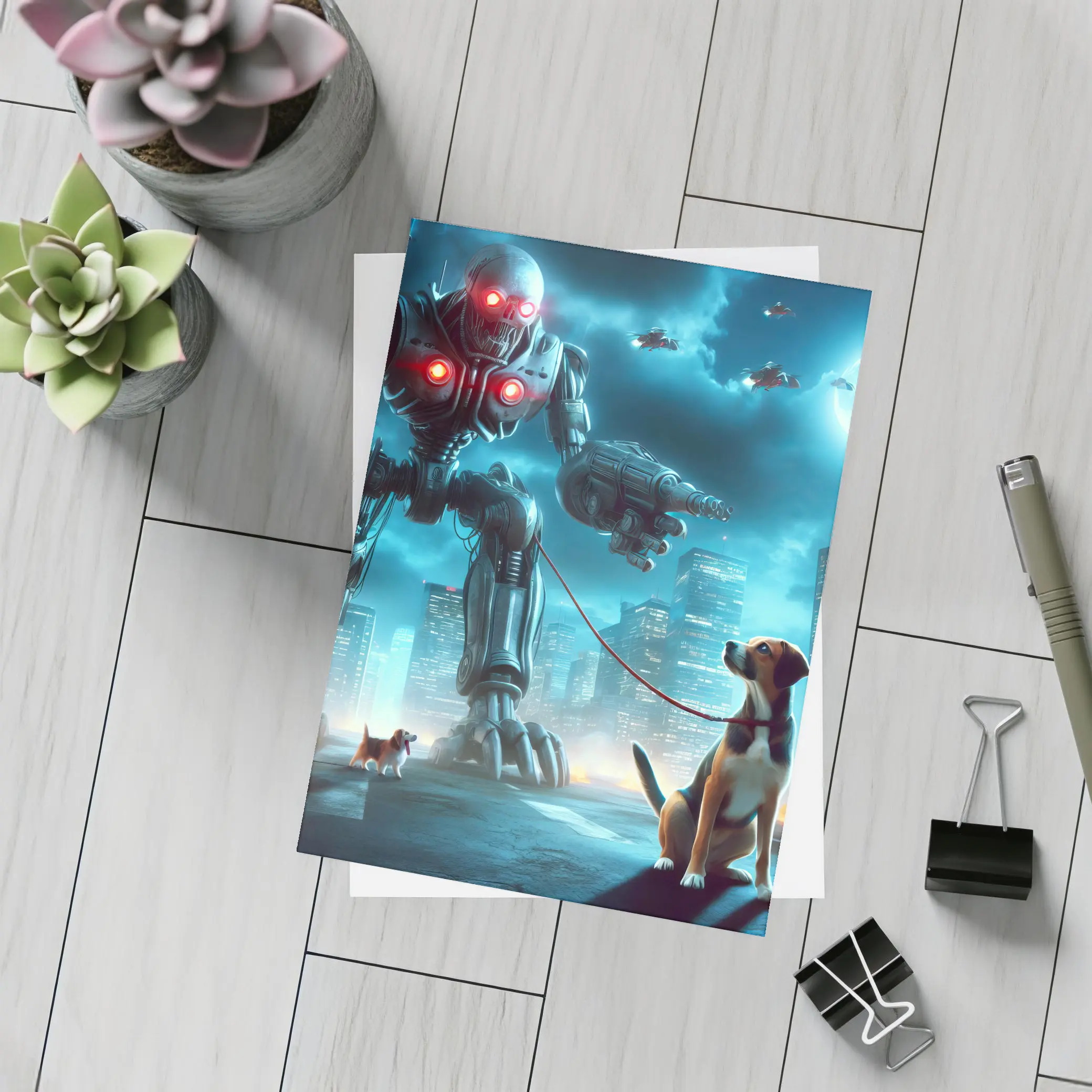 Giant Robot Walking Dog Futuristic City – Postcards