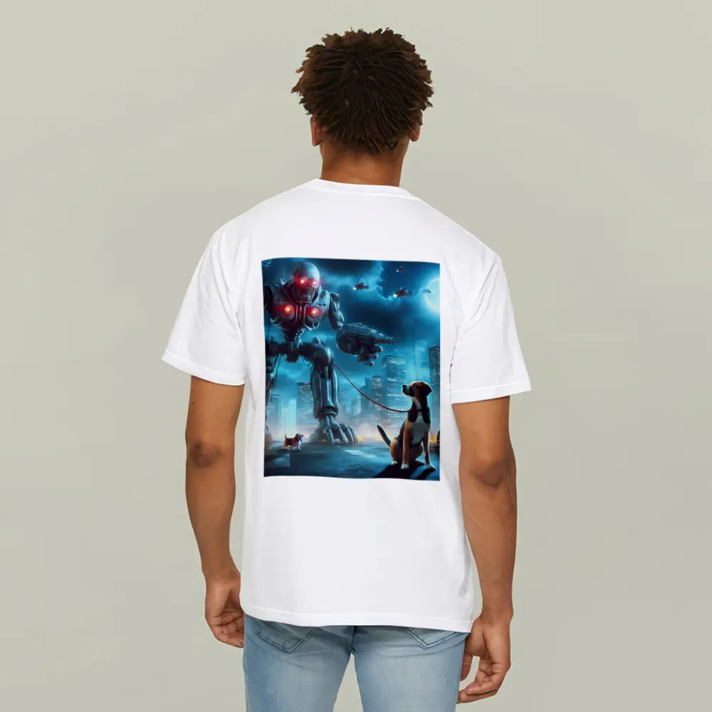 Giant Robot Walking Dog Futuristic City – T-Shirts