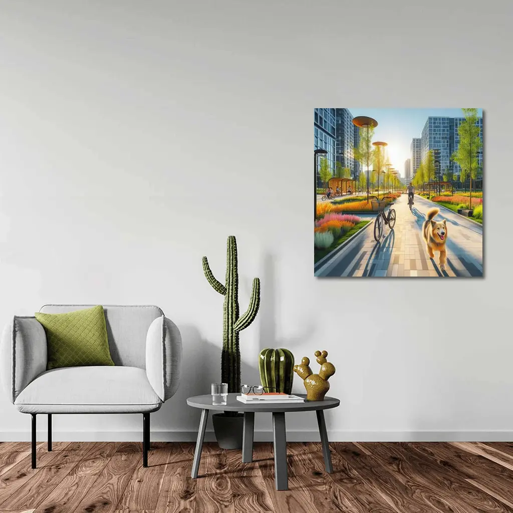 Happy Dog Running Urban Park Cycling Path – Wall Art