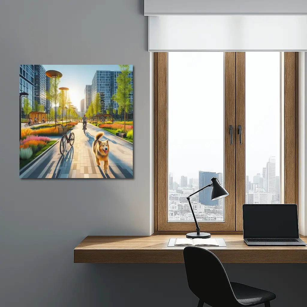 Happy Dog Running Urban Park Cycling Path – Wall Art