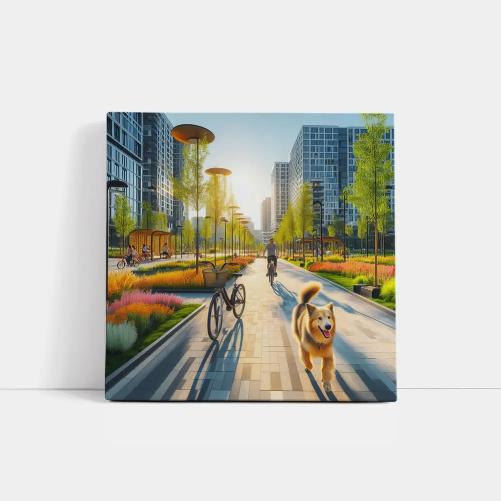 Happy Dog Running Urban Park Cycling Path – Wall Art