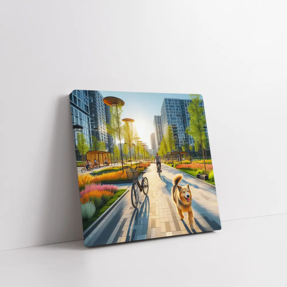 Happy Dog Running Urban Park Cycling Path – Wall Art