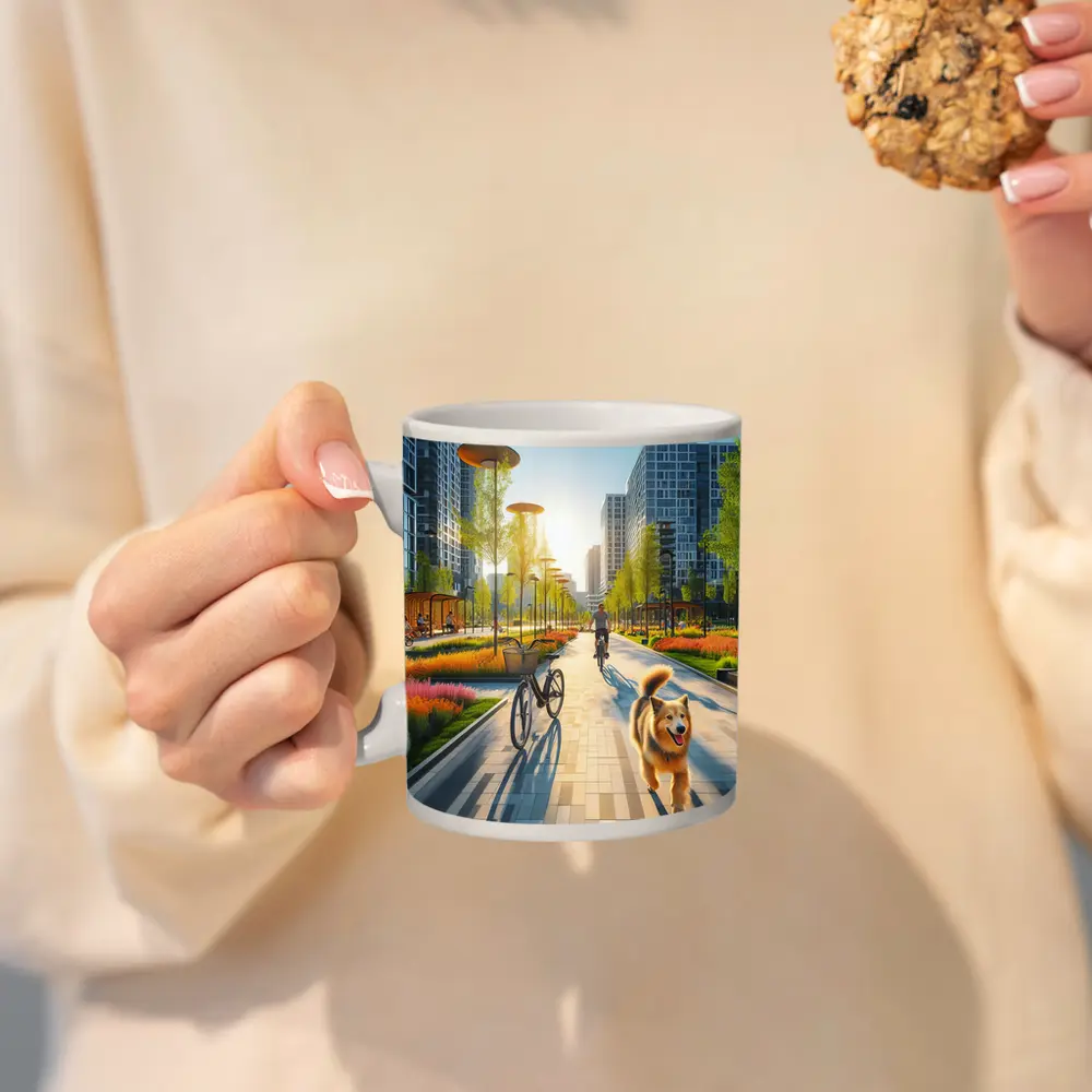 Happy Dog Running Urban Park Cycling Path – Mugs