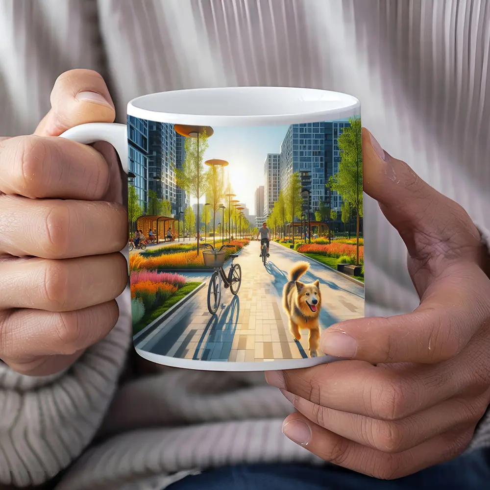 Happy Dog Running Urban Park Cycling Path – Mugs