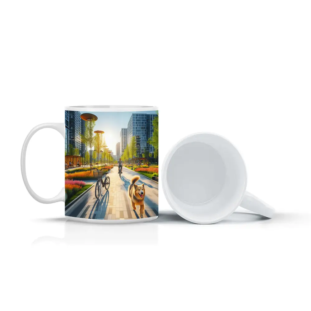 Happy Dog Running Urban Park Cycling Path – Mugs