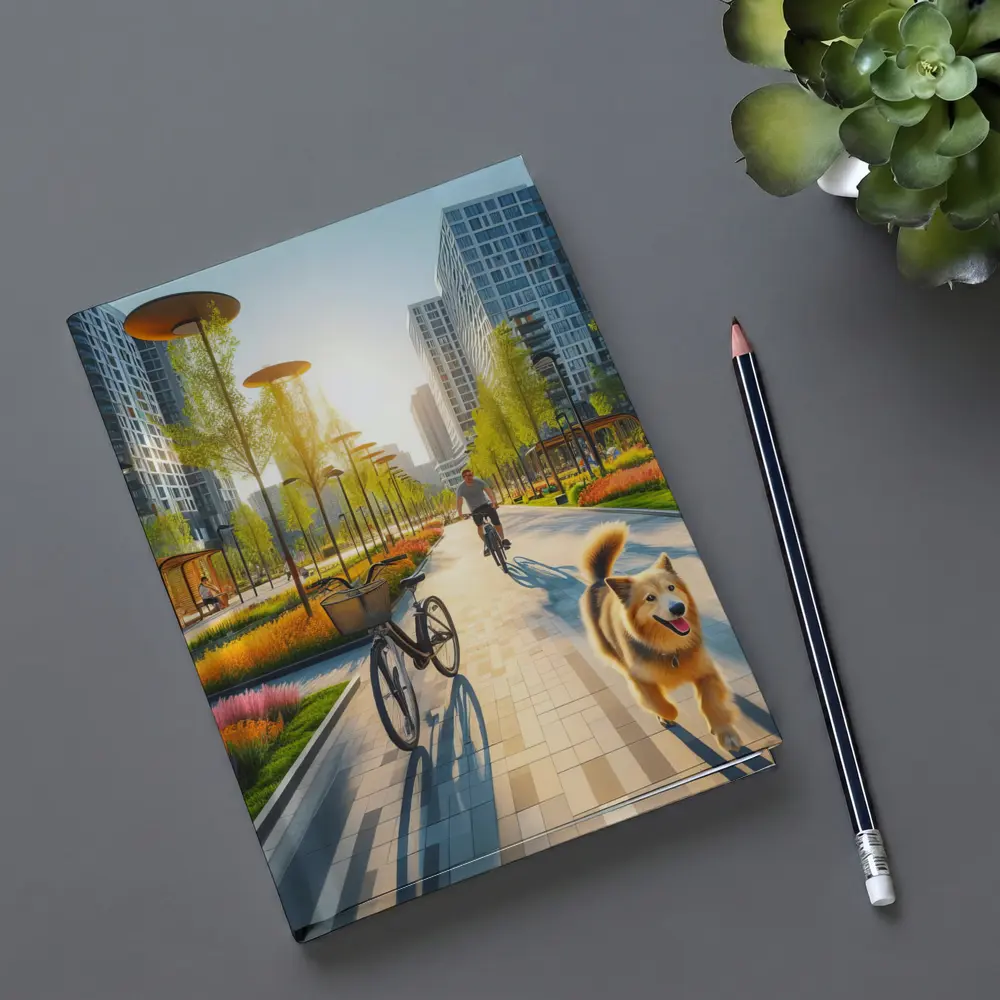 Happy Dog Running Urban Park Cycling Path – Notebooks