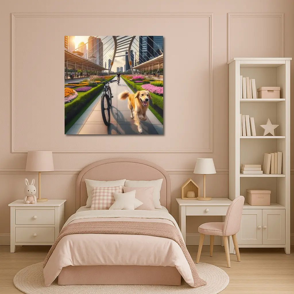 Golden Retriever Running Urban Park Cityscape – Wall Art