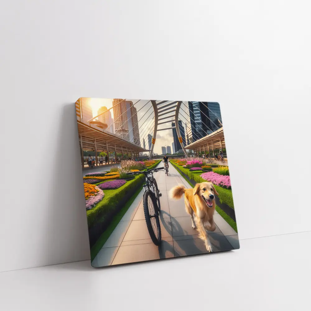 Golden Retriever Running Urban Park Cityscape – Wall Art