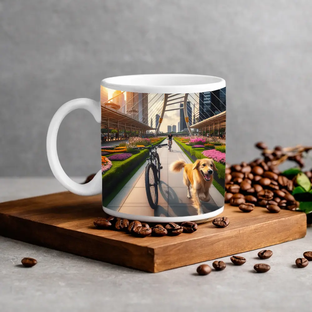 Golden Retriever Running Urban Park Cityscape – Mugs