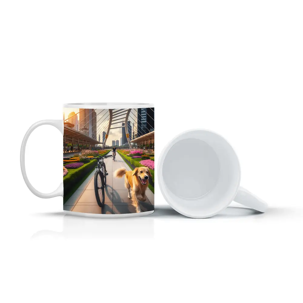 Golden Retriever Running Urban Park Cityscape – Mugs