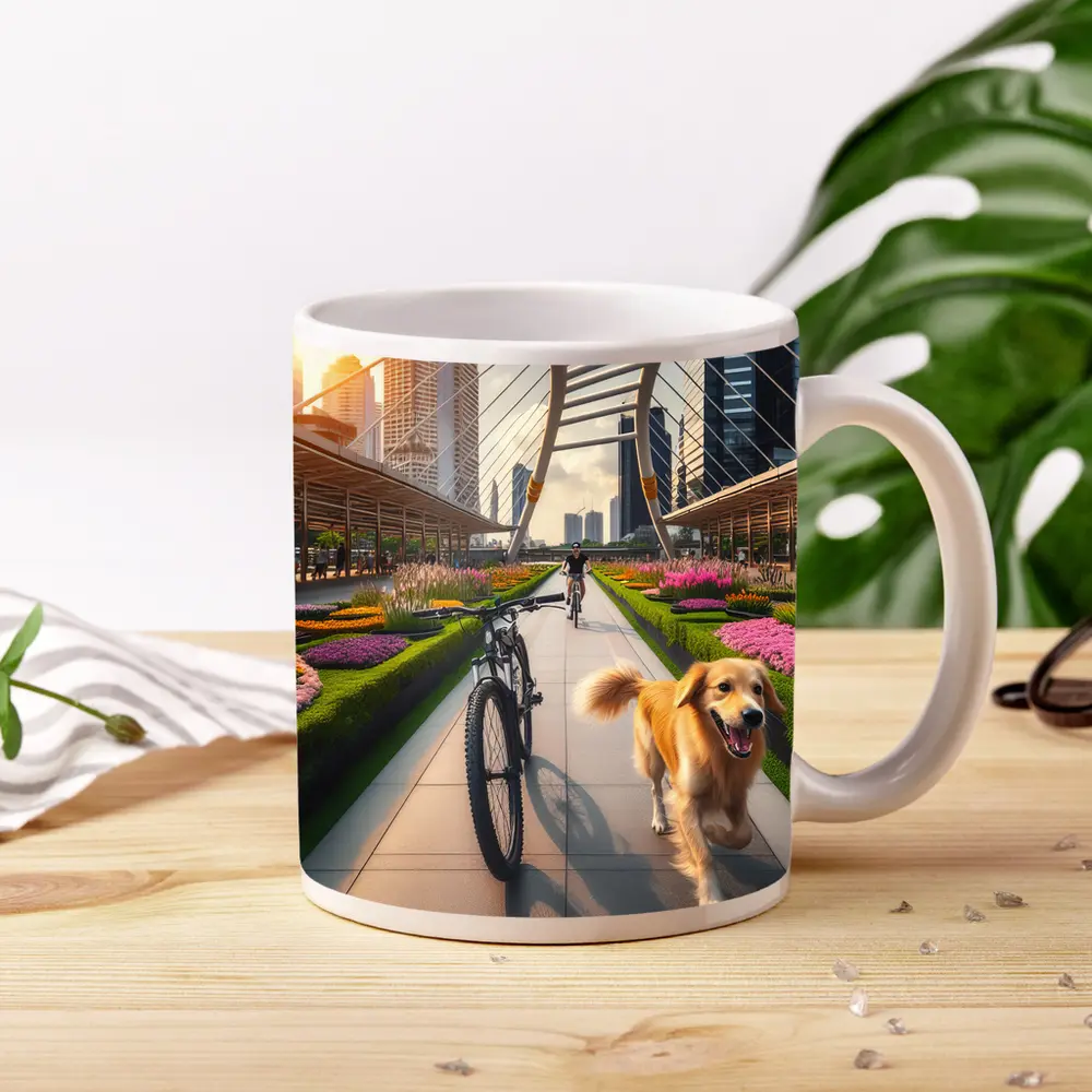 Golden Retriever Running Urban Park Cityscape – Mugs