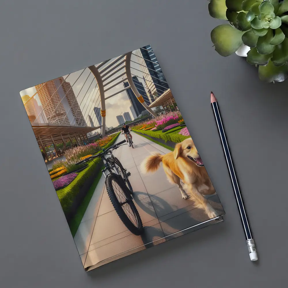 Golden Retriever Running Urban Park Cityscape – Notebooks
